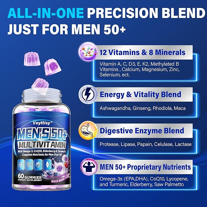 Sugar Free Multivitamin Gummies for Men 50 Plus - Methylated Multivitamin with Omega-3 CoQ10 Elderberry &amp Turmeric for Energy Immune Gut Health Support - Vegan Non-GMO Gluten-Free