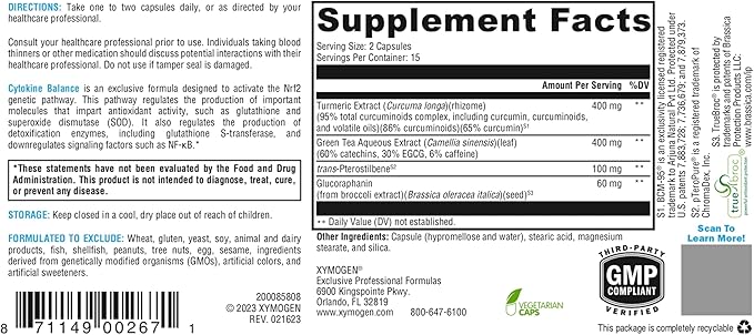 XYMOGEN Cytokine Balance - Antioxidant &amp Cellular Detox Support - 400 mg Turmeric Extract - Features Nrf2 Activators - Vegan &amp Non-GMO - 30 Capsules