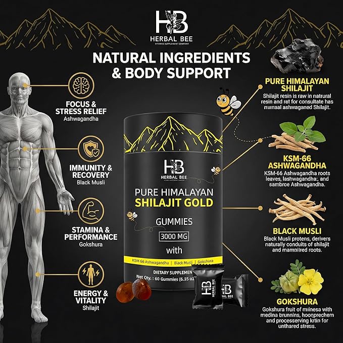 Shilajit Gummies: Pure Himalayan Shilajit with Ashwagandha &amp Fulvic Acid 85+ Micronutrients Trace Minerals - No Added Sugar 100% Natural &amp Organic Non-GMO for Men &amp Women | 60 Gummies
