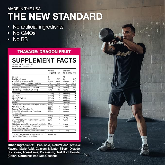 RAW Pre Workout Powder Thavage (Dragon Fruit) - Chris Bumstead Sports Nutrition Supplement for Men &amp Women - Cbum Pre Workout for Working Out Hydration Mental Focus &amp Energy - 40 Servings