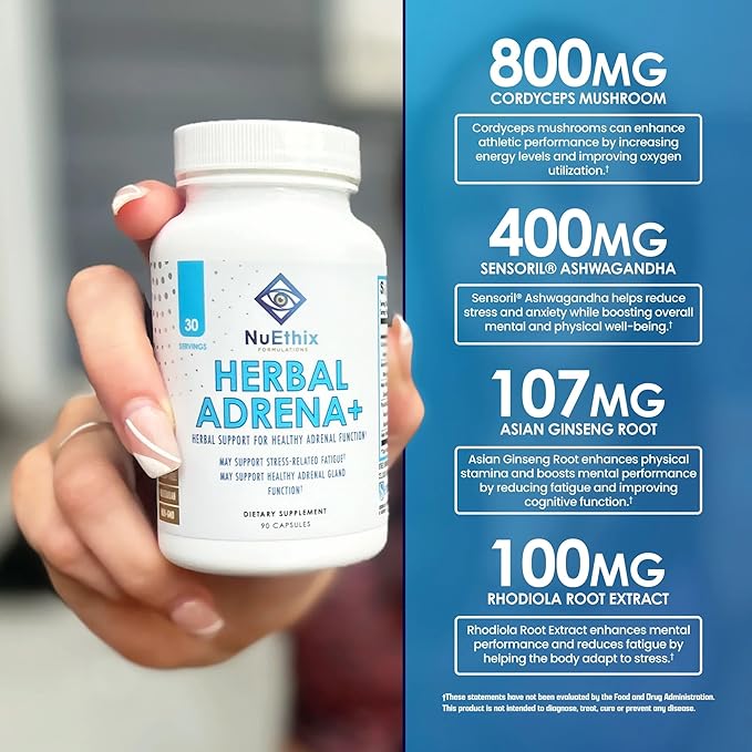 NuEthix Formulations Herbal Adrena+ Adrenal Support Supplements for Women &amp Men Cortisol Support Improve Energy Levels &amp Mood Includes Cordyceps &amp Ashwagandha Non-GMO Gluten Free 30