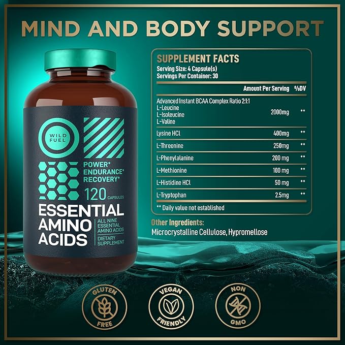 Essential Amino Acids Supplement - All 9 EAAs with BCAAs Amino Acids (Leucine Lysine Valine Threonine) - 3000mg Per Serving - Muscle Growth Power Recovery - 120 Vegan Caffeine Free Capsules