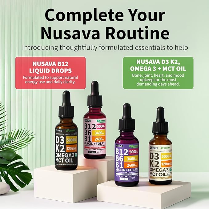 NUSAVA (2 Pack) Vitamin B12 Liquid Drops with B6 B1 Niacin &amp Folate — B12 Sublingual Vitamin B Complex Methylcobalamin 5000 mcg for Energy Brain &amp Heart Support Raspberry Flavor 80 Serv