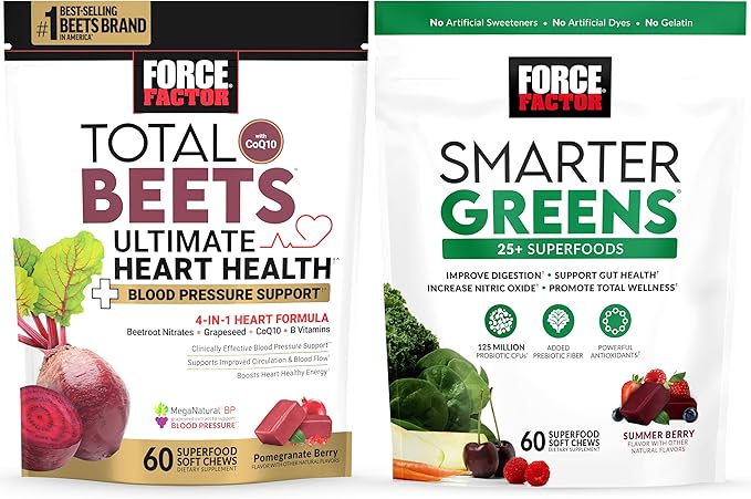 Bundle of Force Factor Total Beets Ultimate Heart Health Blood Pressure Support Chews with CoQ10 60 Soft Chews + Smarter Greens Superfood Chews to Support Digestion 60 Soft Chews