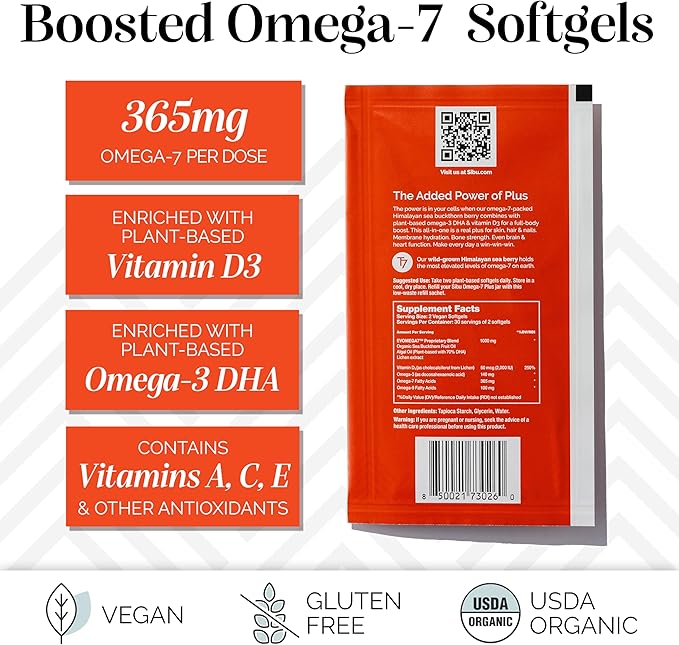 sibu Sea Buckthorn Omega-7 Plus Softgels (30 Day Refill) – Blend of Sea Buckthorn Oil and Plant-Based Vitamin D3 &amp Omega-3 DHA