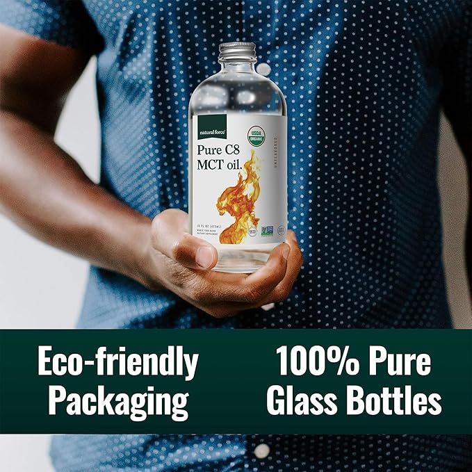 Natural Force Organic Pure C8 MCT Oil – Liquid MCT Oil in Glass Bottle Container – Concentrated Caprylic Acid – Keto Paleo Kosher Vegan &amp Non-GMO – Lab Tested for Quality and Purity 16 Ounce