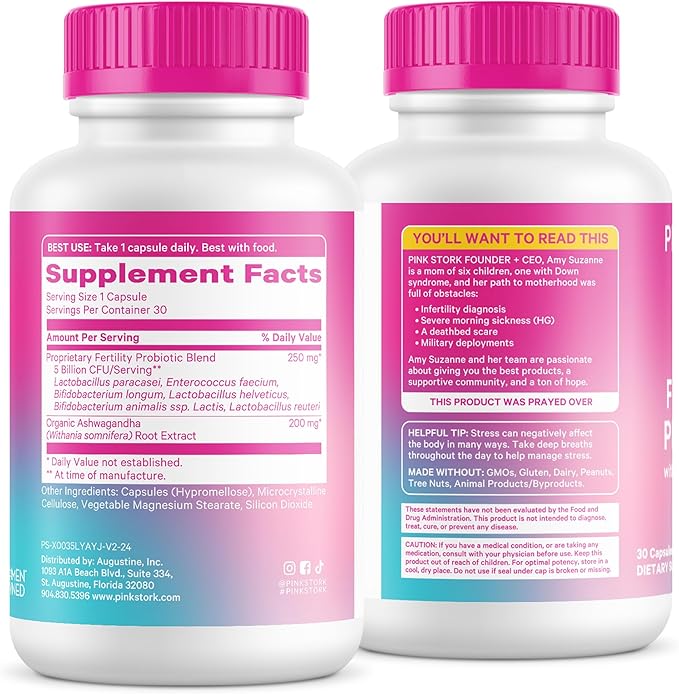 Pink Stork Fertility Support Probiotics for Women with Ashwagandha for Vaginal Health Conception pH Balance Hormone Balance and Gut Flora Fertility Supplements for Women 30 Capsules