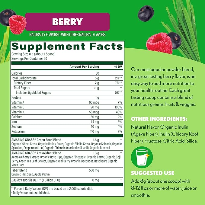 Amazing Grass Greens Blend Superfood: Super Greens Powder Smoothie Mix with Spirulina Chlorella Beet Root Powder Digestive Enzymes &amp Probiotics Berry 60 Servings (Packaging May Vary)