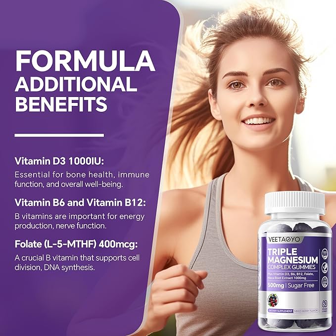 VEETAGYO Magnesium Gummies 500mg 400mg | High Absorption Bone Nerves Muscle | 3 Forms of Magnesium Complex Supplement GlycinateTaurateMalate | Adults - VeganSugar Free120Cts
