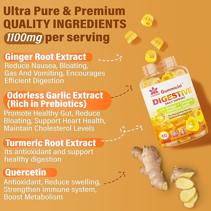 LILICARE Sugar Free Omega 3 Fatty Acid 2000mg With 640mg DHA &amp 290mg EPA Multivitamin CoQ10 Astaxanthin + Ginger Filled Gummies for Nausea - Stomach Relief - Ultra Absorption for Digestive Supp