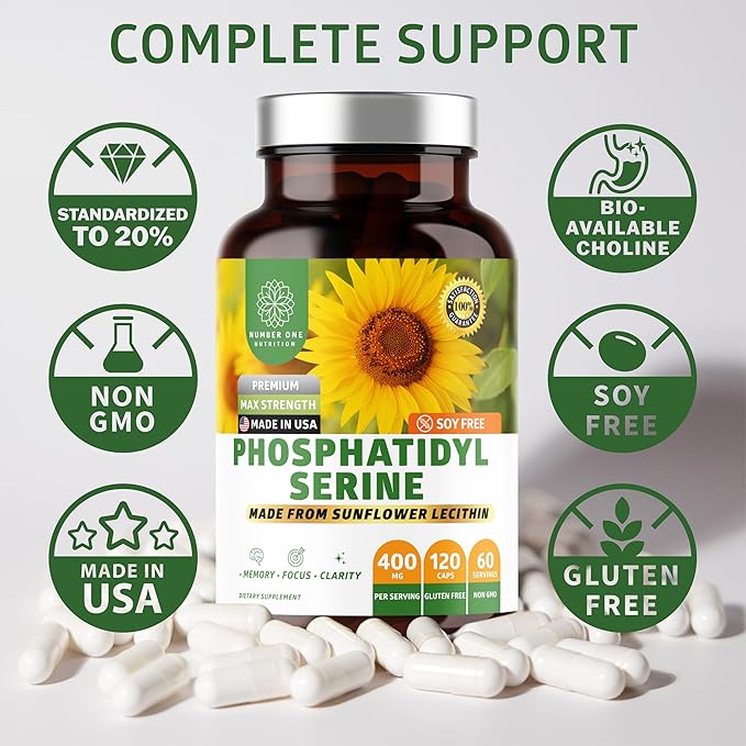 Number One Nutrition Premium Phosphatidylserine 400mg Derived from Sunflower Lecithin to Help Support Memory Focus &amp Cognition Naturally Soy Free 120 Veg Caps
