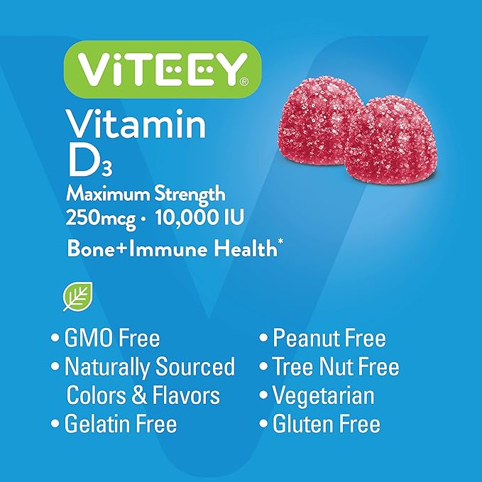 VITEEY Vitamin D3 Gummies for Adults &amp Teens - 10000 IU 250mcg Maximum Strength - Joint &amp Muscle Health Immune Boost - Chewable Vitamin D Gummies - Vegetarian Gelatin Free - Tasty Berry F