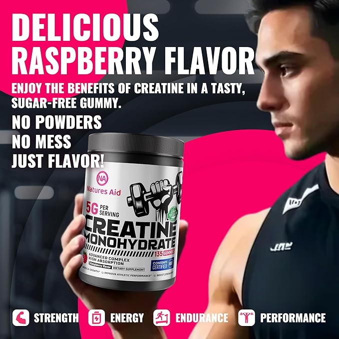 Natures Aid NSF Certified Creatine Gummy 5g - Creatine Monohydrate Gummies – Pre-Workout Energy &amp Muscle Growth Support for Men &amp Women | Raspberry Electrolyte Gummies (135 Count)