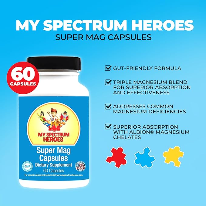 My Spectrum Heroes Magnesium Capsules - High-Absorption Magnesium Blend for Sleep Relaxation Cognitive Support and Calm - Kid &amp Adult Friendly Formula - Promotes Wellness and Balance - 60 Capsu