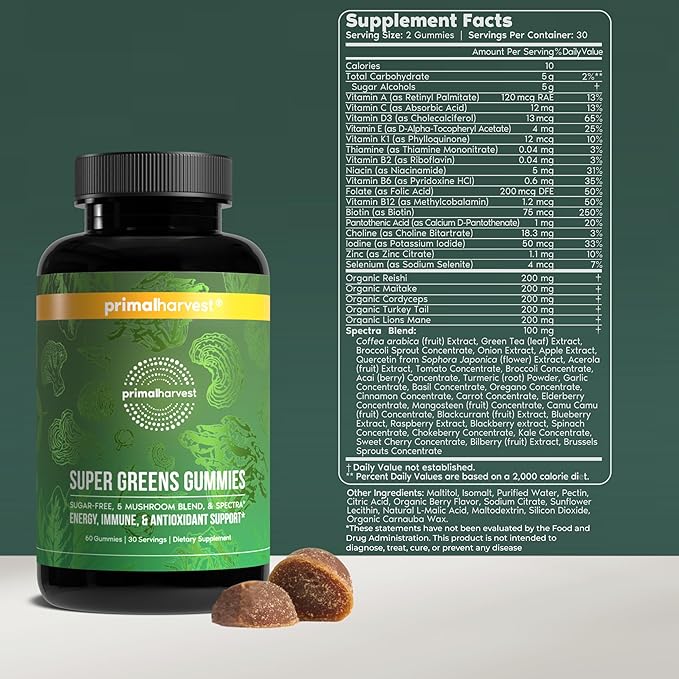 Primal Creatine Powder + Primal Greens Gummies Bundle | 2-Pack | Strength &amp Daily Greens Support | 30 Servings Each