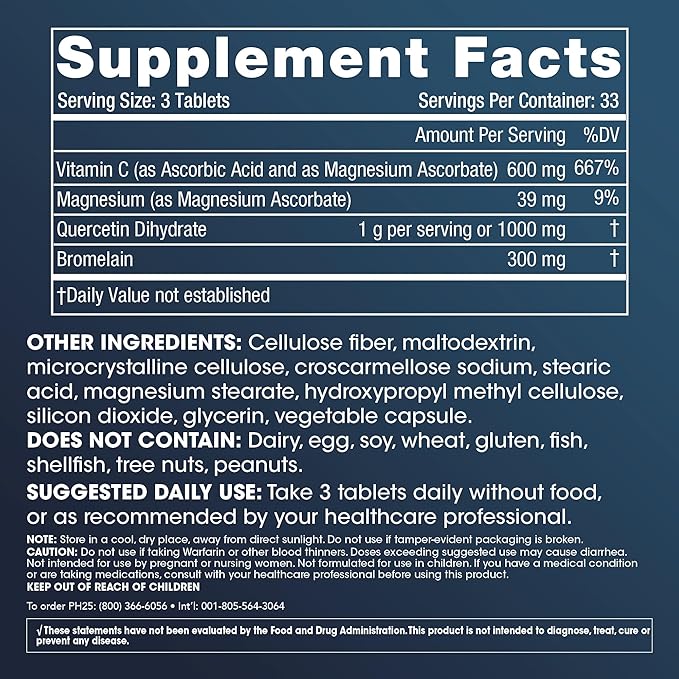 ProHealth Quercetin &amp Bromelain Complex (100 Tablets) - Natural Anti-Histamine - Sinus and Allergy Support Supplement