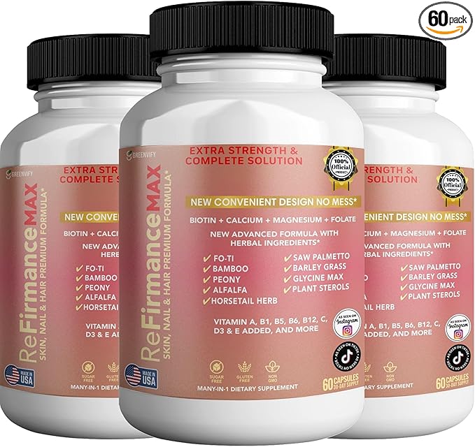 ReFirmanceMax Hair Growth Supplement 60 Capsules with Biotin 5000mcg Vitamins B12 Calcium Saw Palmetto 30 Day Supply (3)
