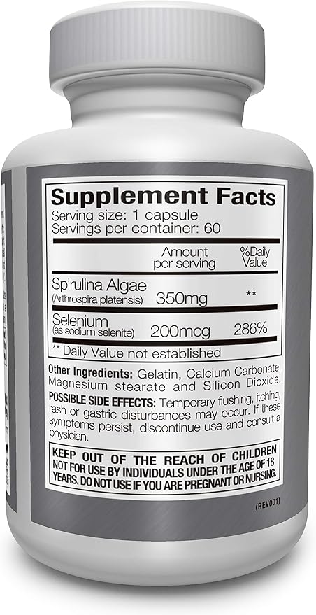 Boost Concentration Memory and Energy with Premium Selenium + Spirulina - Premium Antioxidant Supplement for Brain Function - 60 Day Supply (60 Capsules) - (1-Pack)