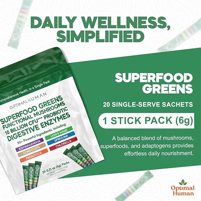 Optimal Human Superfood Greens Powder – 90+ Ingredient Blend with Lion’s Mane Supplement Ashwagandha &amp Turmeric – Non-GMO Soy-Free Mushroom Supplements for Women – 20 Sachets
