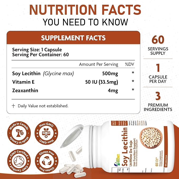 Soy Lecithin Softgels 500mg Lecithin with 4mg Beta-Carotene and 50IU Vitamin E Supplement 4 Packs of 60 Antioxidant &amp Liver Function Support Capsules Serving Size: 1 Softgel 120 Days Supply
