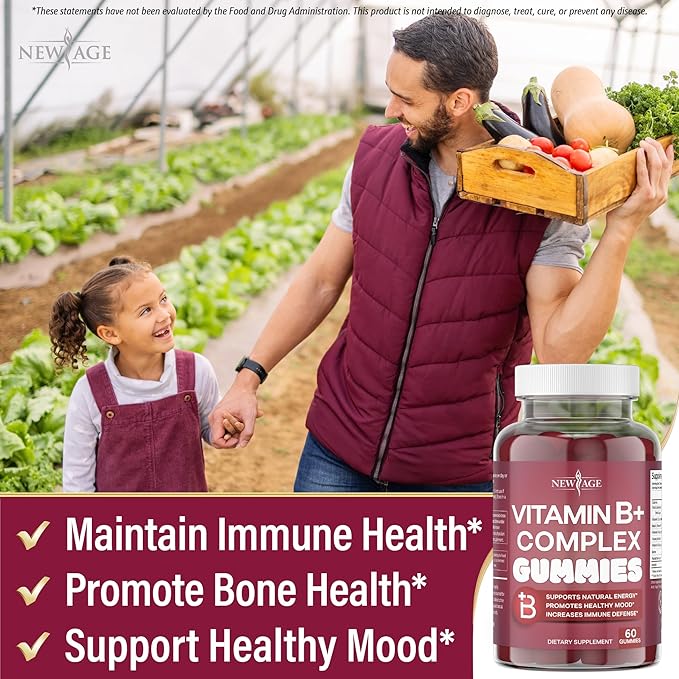 NEW AGE Vitamin B Complex Gummies with Vitamin B3 B6 &amp B12 – with Biotin Folic Acid &amp Vitamin C – Gluten-Free Vegan Made in The USA! (180 Count (Pack of 3))