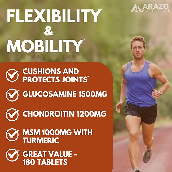 Arazo Nutrition Glucosamine Chondroitin Turmeric Msm Boswellia - Joint Support Supplement for Relief 180 Tablets for Bones Back Knees Hands (180 Tablets)