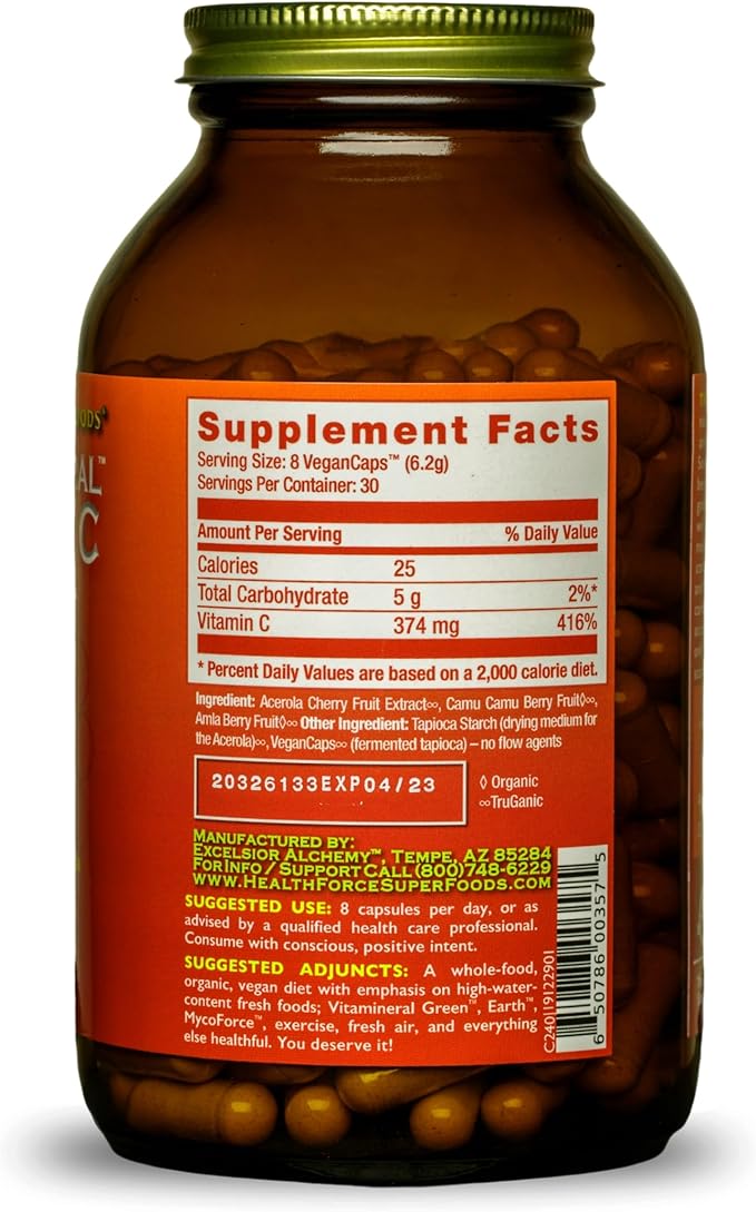HEALTHFORCE SUPERFOODS Truly Natural Vitamin C - Immune Support Supplement with Camu Camu Berry - Vitamin C Supplement for Immune Health - Vegan Non-GMO - 240 Vegan Caps 30 Servings