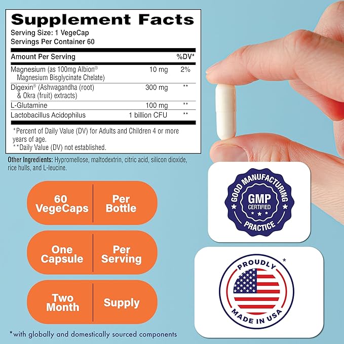 Health Thru Nutrition Mindful GI - Healthy Mind &amp Gut Complex | with Digexin Magnesium L-Glutamine and Probiotic for Gut-Brain Axis Support | Regularity Bloating Calmness Supplement