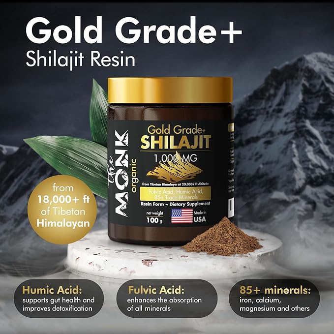 Organic Himalayan Shilajit Resin with Fulvic Acid Humic Acid 85+ Minerals- Gold Grade Plus - 100g 1000 mg Per Serving - Energy Stamina Brain Support - Made in The USA