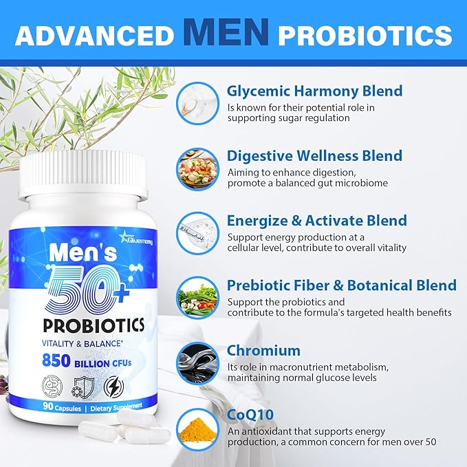 Probiotics for Men Advanced 50+ Mens Probiotic Comprehensive Gut &amp Energy Support with 850 Billion CFU 1800mg Prebiotics Fiber – Tailored Wellness mens probiotics for gut health over 50 90 Cap
