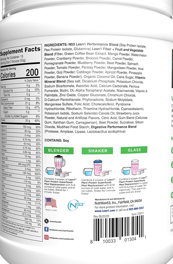 Lean1 Plant Based Protein Powder Meal Replacement strawberry flavor 15 serving