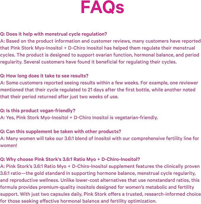 Pink Stork Myo-Inositol &amp D-Chiro Inositol: 3.6:1 Blend to Support Fertility Hormone Balance for Women - Ovarian Function Ovulation Conception and Period Support Supplement - 60 Capsules