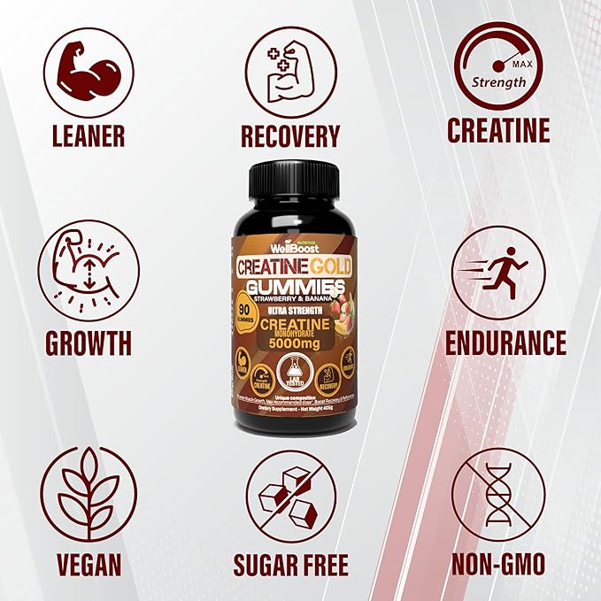 WellBoost Creatine Gold – 5000mg Creatine Monohydrate Vegan Sugar-Free Gummies for Lean Muscle Growth Endurance Recovery &amp Energy (1 Month Supply) in Starwberry and Banana Flavour.