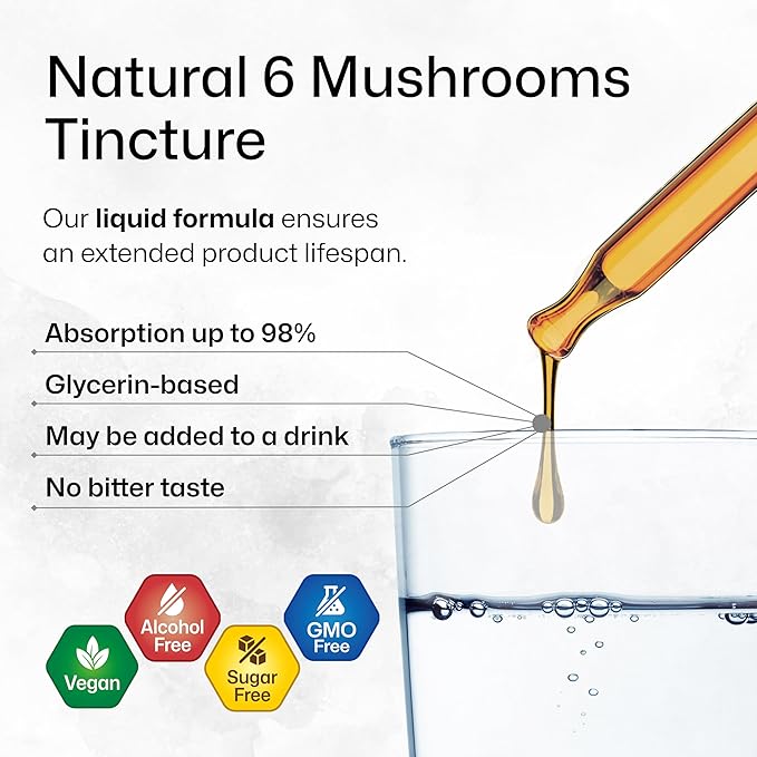 BIO KRAUTER® 6-in-1 Mushroom Complex with Lion’s Mane Chaga Reishi Cordyceps Turkey Tail &amp Shiitake - Vegan Mushroom Supplement for Immune Support - Natural Focus &amp Brain Support 4 Fl. Oz.