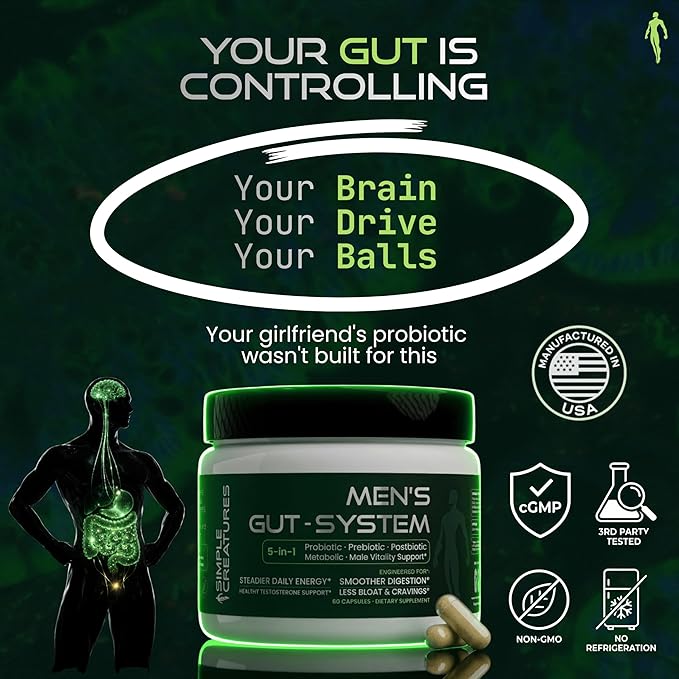 Simple Creatures Akkermansia GLP-1 Men's Probiotic – 5-in-1: Debloat · Appetite Control · Gut Barrier · Male Drive · Energy | Probiotic Prebiotic Postbiotic | Boron &amp Tongkat Ali AKK11™ | 60 Caps