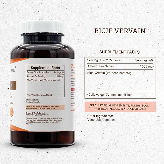 Secrets of the Tribe Blue Vervain 120 Capsules 1000 mg Blue Vervain (Verbena Hastata) Dried Herb (120 Capsules)