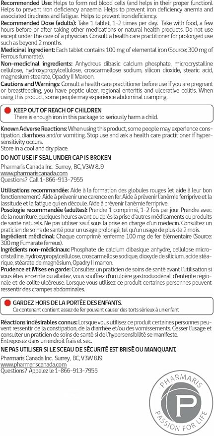 Pharmaris Ferofit - Ferrous Fumarate 300mg (100mg Elemental Iron) Prevents Anemia Due to Deficiency Iron Supplement for Women &amp Men 500 Tablets