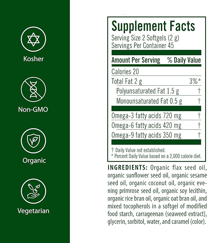 Flora Health Udo's Oil 3-6-9 Blend Balanced Omega Fatty Acids from Flax Sesame Sunflower 90 Vegetarian Capsules