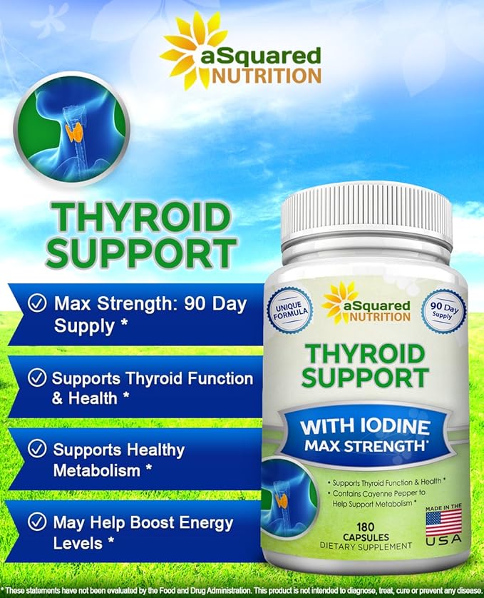 aSquared Nutrition Premium Thyroid Support Supplement with Iodine (180 Capsules) - Best Herbal &amp Vitamin Complex Pills w/ B12 Ashwagandha Bladderwrack &amp Kelp - Helper for Healthy Hormone &am
