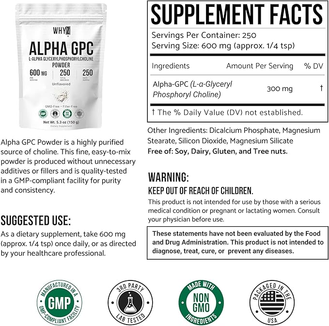 Alpha GPC Powder Alpha-Phosphorylcholine Choline Supplement Unflavored Fine Powder for Smooth Mixing Non-GMO Vegan Additive-Free Gluten-Free 150g (5.3 oz)