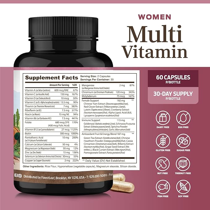 ForestLeaf Daily Vitamin Multivitamin for Women Multi-Vitamin for Women - Womens Multivitamins &amp Multiminerals Supplement | All Essential Vitamins Needed for Health &amp Energy | 60 Veg Caps