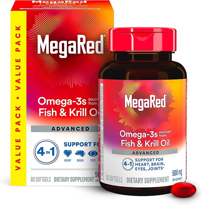 Megared Omega-3 Fish Oil + High Absorption Krill Oil 500mg Softgels MegaRed Advanced 4in1 (80 count in a bottle) Concentrated Omega-3 Fish &amp Krill Oil Supplement