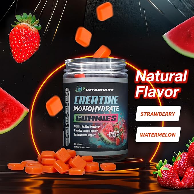 VitaBoost Creatine Gummies 5g- Natural Creatine Monohydrate for Men &amp Women- Delicious Strawberry Watermelon Flavor- Boost Strength Energy &amp Muscle Growth- Vegan Pre Workout Gummies- Made in