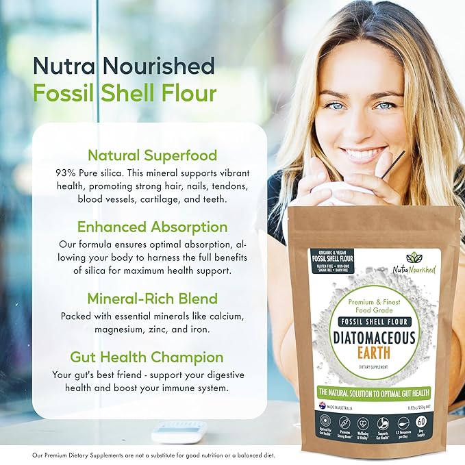 Fossil Shell Flour Powder for Detoxification Digestive Health and Natural Wellness - Organic and Silica Rich Mineral Supplement. 250g