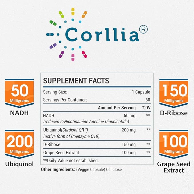 Corlia NADH 50mg + CoQ10 200mg + D-Ribose 150mg Supplement Enhance NAD+ Supplement for Energy Fatigue Reduced Nicotinamide Adenine Dinucleotide 360 Veggie Capsules