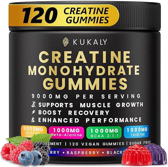 KUKALY Creatine Monohydrate Gummies for Men &amp Women 9000MG Creatine Gummies Sugar Free - Mixed Flavored with L-Taurine BCAA 2:1 B12 B6 for Boost Strength Focus &amp Endurance Vegan Non-GMO