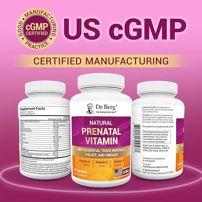 Dr. Berg Natural Prenatal Vitamins for Women (Pregnant &amp Nursing) - Prenatal Vitamins with Folate Vitamins Minerals Omegas &amp11 Powerful Superfoods - Womens Prenatal Multivitamin - 60 Capsu