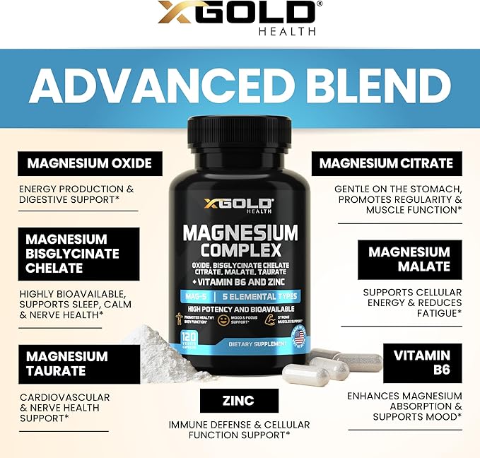 X Gold Health Magnesium Complex 5-in-1 with Zinc &amp B6 High Absorption Capsules (Glycinate Citrate Malate Taurate Oxide) Muscle Recovery Energy Sleep Support &amp Immune Health 500mg Made in