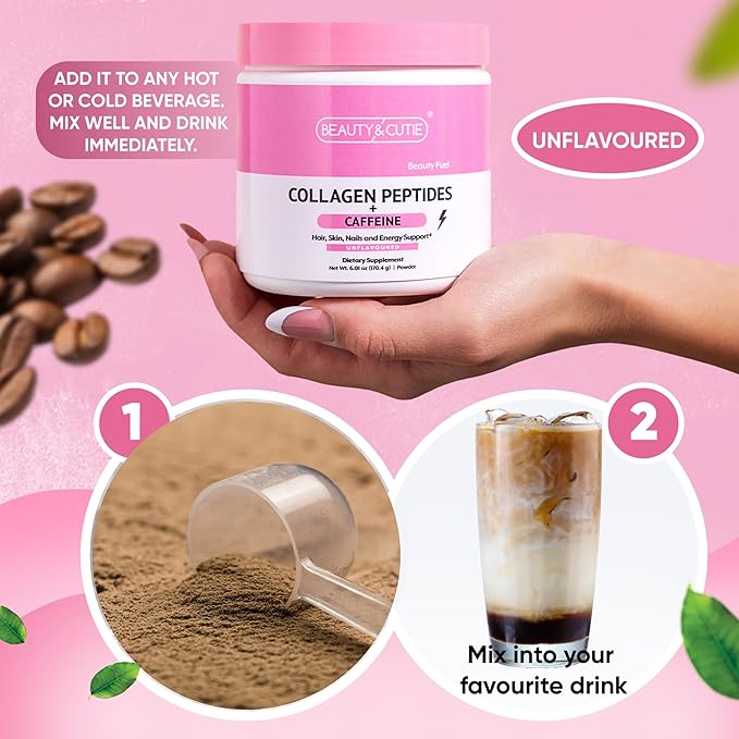 Collagen Peptides with Caffeine 200 mg Powder Grass Fed for Hair Skin Nails and Energy Support Gluten Free Unflavored 6.01 oz