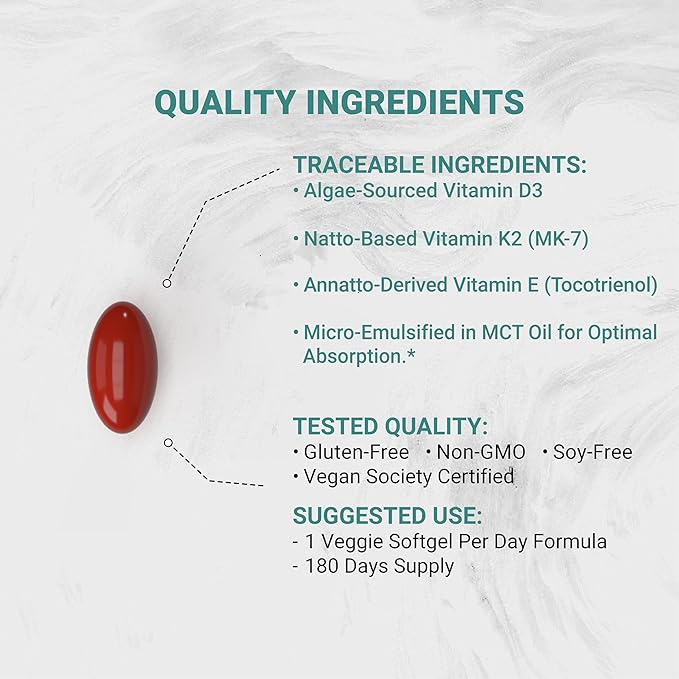 Naturalis Vegan Vitamin ADK with 50mg Tocotrienol and CoQ-10 | Nano-Emulsified in EVOO for Better Absoprtion | Non-GMO Soy Free and Vegan Society Certified | 180 Veggie Softgels (Carrageenan Free)